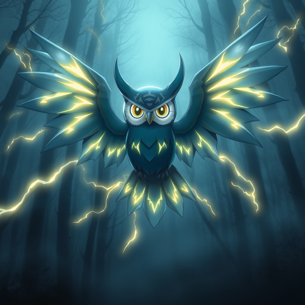 A majestic ghost-electric owl-bat Pokémon named Owlat Zues, showcasing its sleek midnight-blue feathers adorned with jagged electric-yellow lightning streaks that run across its expansive wings