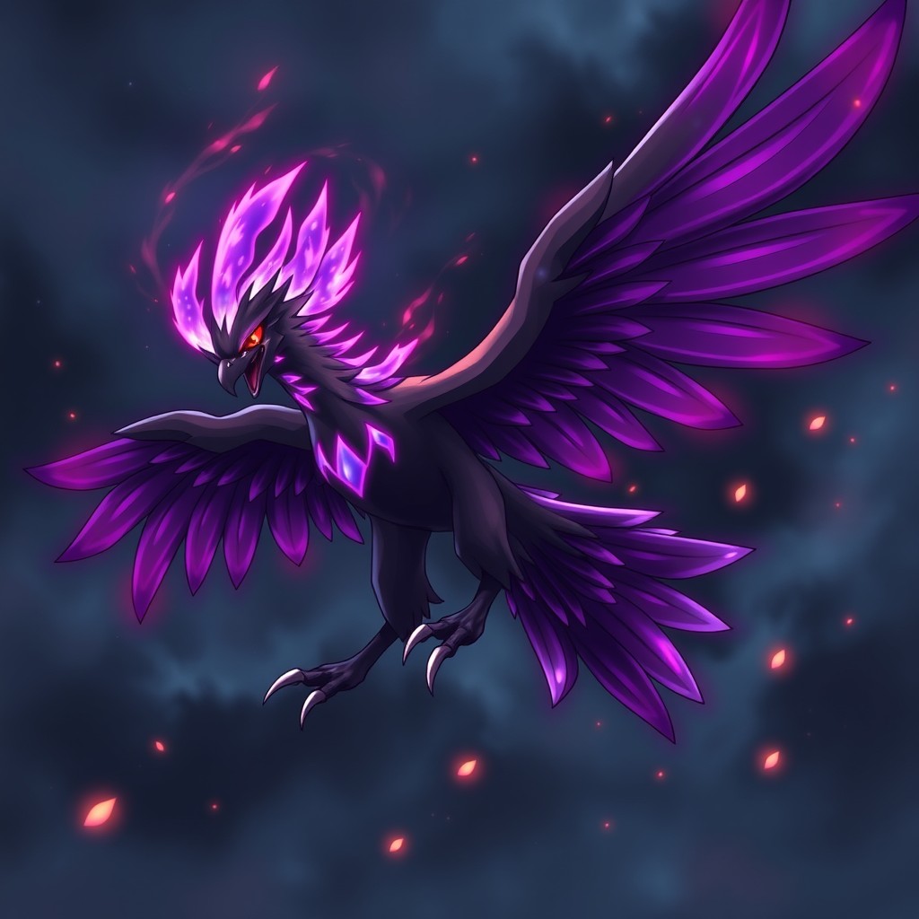 A majestic Pokémon named Solblaze, a Fire/Dark type characterized as a striking crow-eagle hybrid