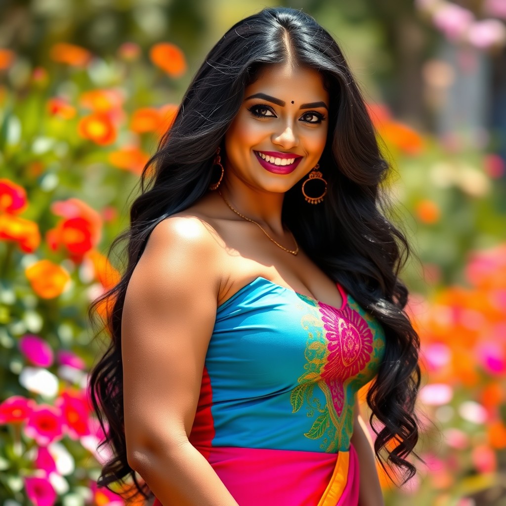 A glamorous portrait of a hot, curvy Indian woman with cascading long black hair, wearing a vibrant, form-fitting traditional dress that highlights her figure