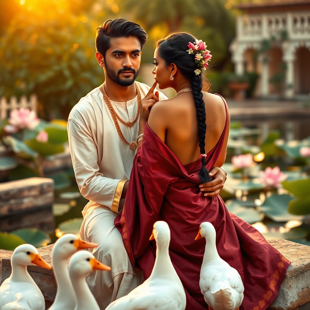 A detailed romantic scene set within a lush royal palace garden during golden hour