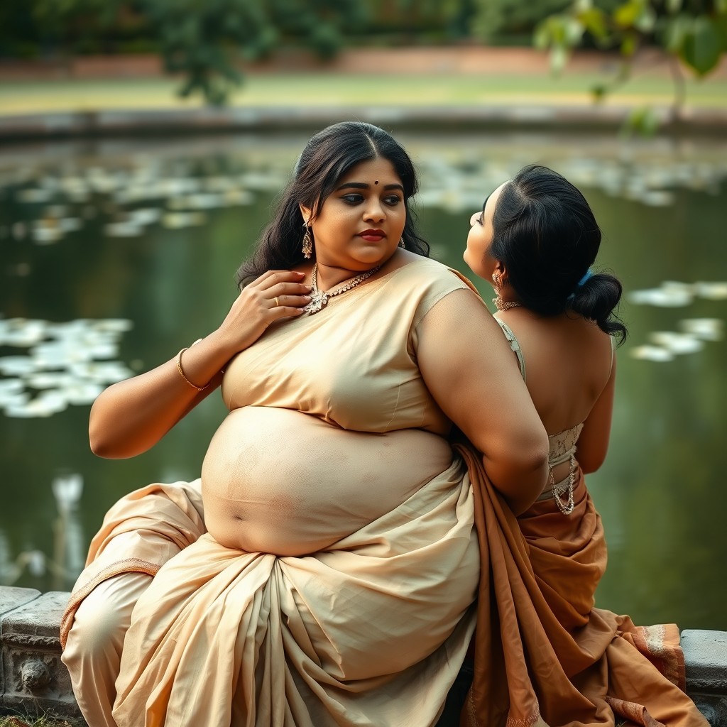 An intimate scene showcasing an Indian man in a traditional dhoti, with a warm brown complexion and a gentle expression, sitting beside a serene pond