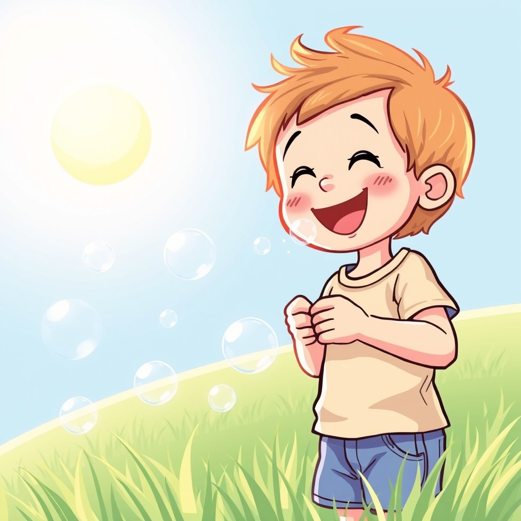 A joyful scene of a child blowing bubbles in the sunlight, with a beaming smile on their face