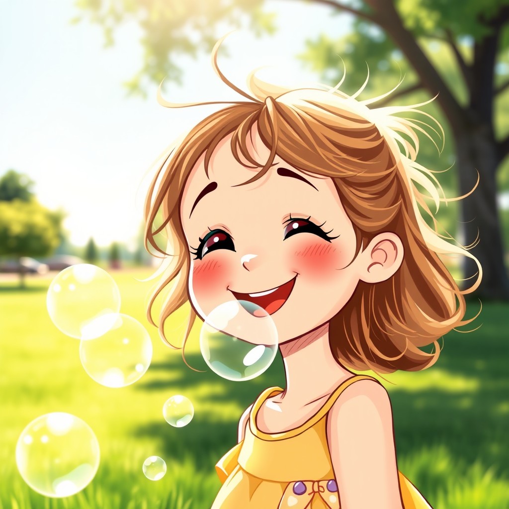 A cheerful girl blowing bubbles in a sunlit park, her face radiating joy with a big smile
