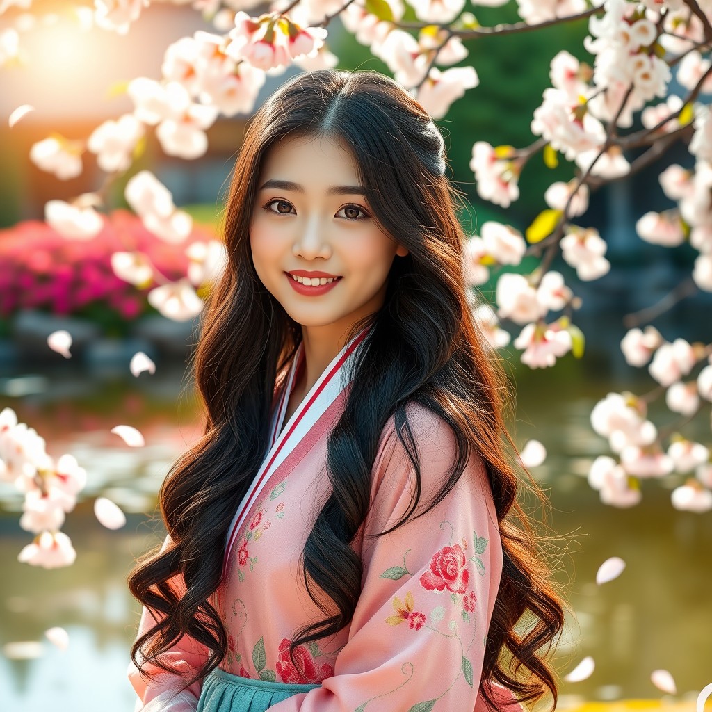 A beautiful Korean girl with long black hair styled in soft waves, wearing a traditional hanbok decorated with intricate floral patterns
