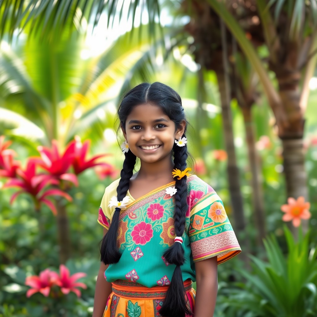 A 14-year-old girl from Kerala, India, with long, dark hair neatly braided and adorned with flowers