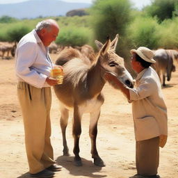 A donkey being offered honey but refusing to eat it, with an elderly man nearby looking at the scene in amazement