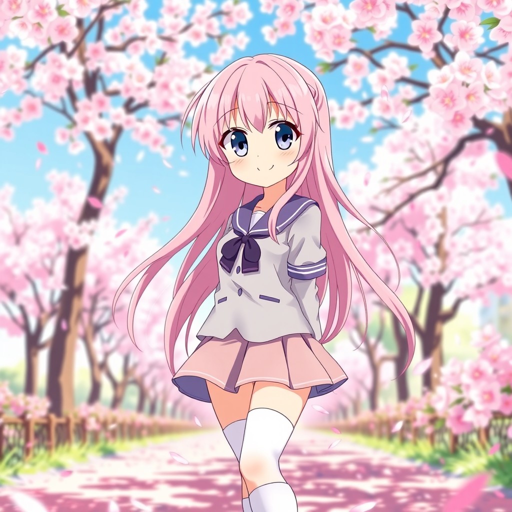 A vibrant and colorful illustration of an anime girl standing in a beautiful cherry blossom park