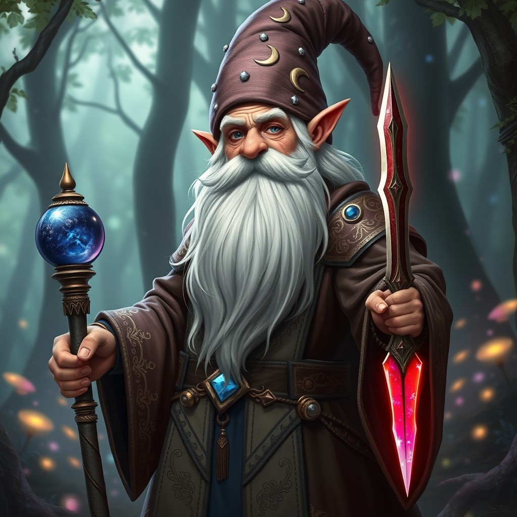 A lean, handsome, middle-aged gnome warlock with striking features, standing confidently in a mystical forest