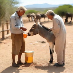 A donkey being offered honey but refusing to eat it, with an elderly man nearby looking at the scene in amazement