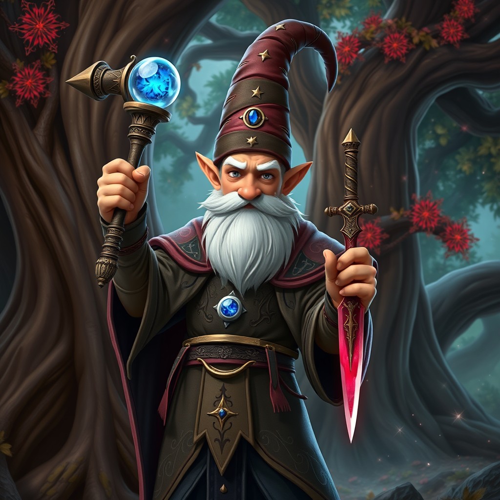 A lean, handsome gnome warlock standing confidently in a mystical forest, holding a magical mace topped with a dazzling sapphire sphere high in one hand while a shimmering ruby dagger is held down in the other