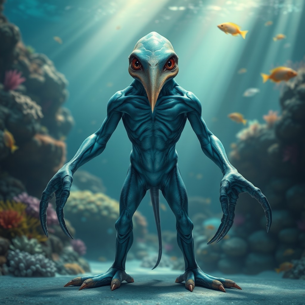 A humanoid creature with a sleek, muscular body featuring four squid-like arms and four powerful legs