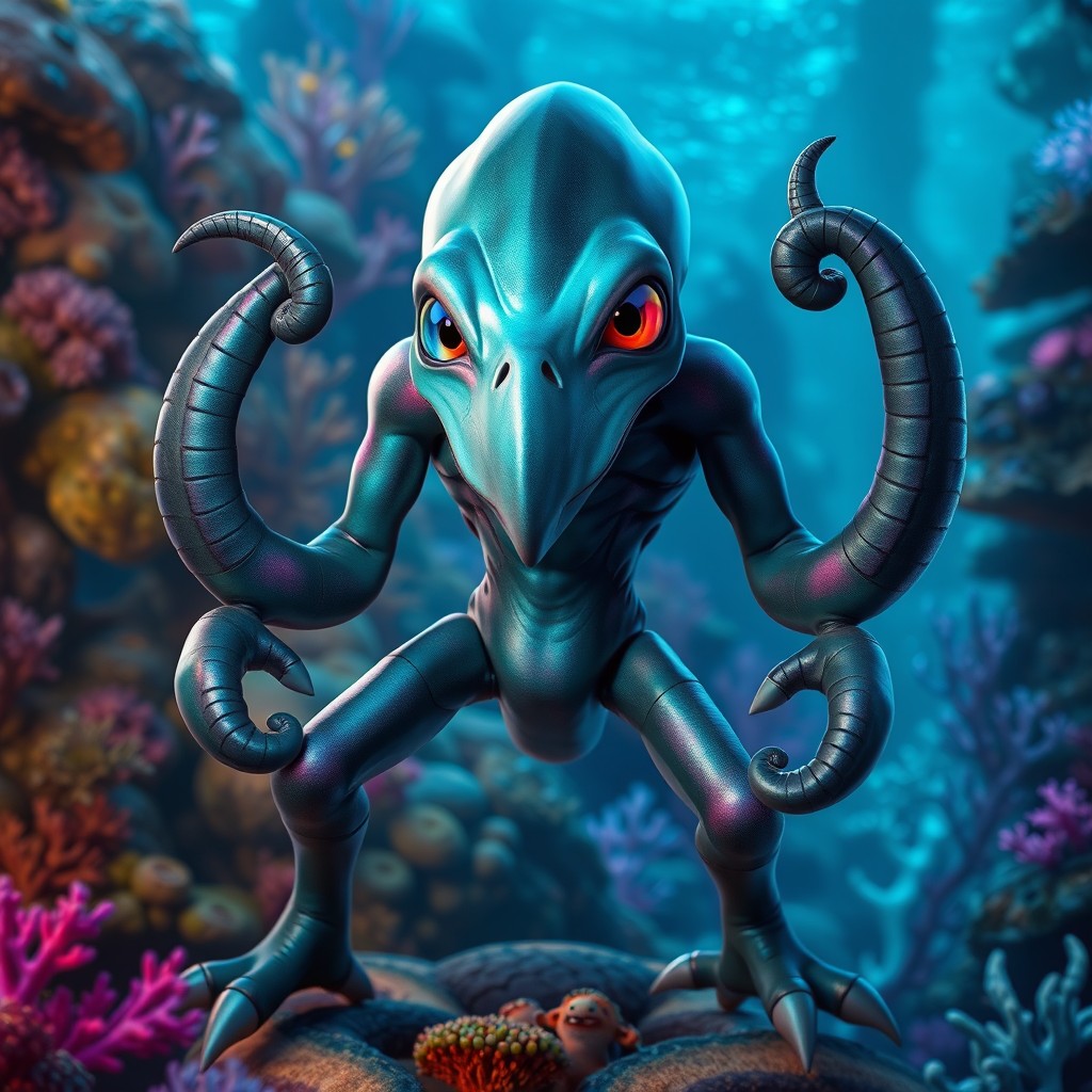 A humanoid creature with an athletic build showcasing four squid-like arms and four robust legs, poised in a dynamic stance