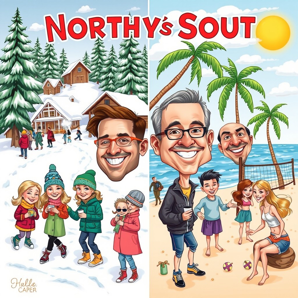 A lively caricature illustrating the daily life of people from the North and South, showcasing a vibrant contrast