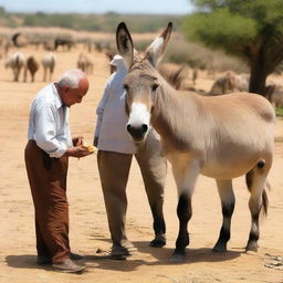 A donkey being offered honey but refusing to eat it, with an elderly man nearby looking at the scene in amazement