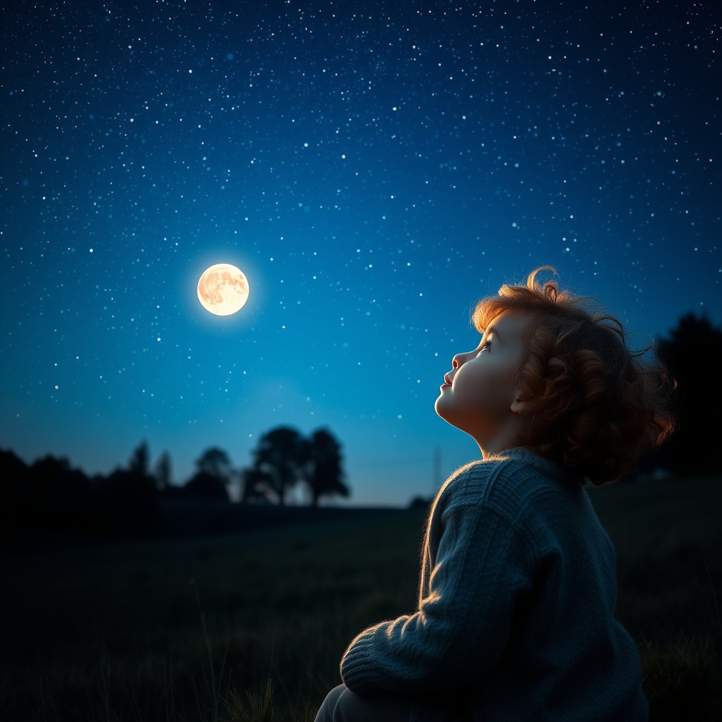A young girl gazing up at a mesmerizing night sky filled with twinkling stars and a glowing full moon