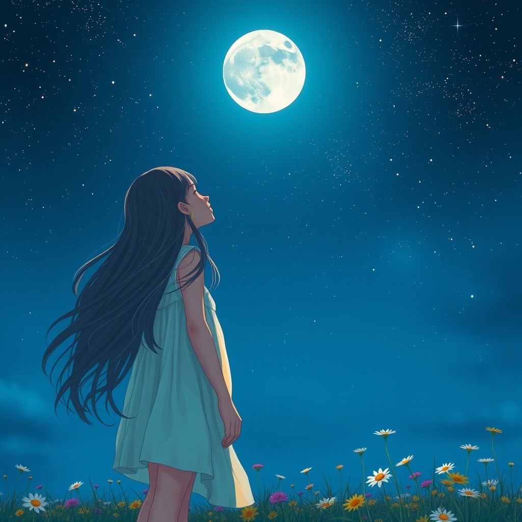 A standing girl looking up at the night sky, filled with dazzling stars and a luminous full moon