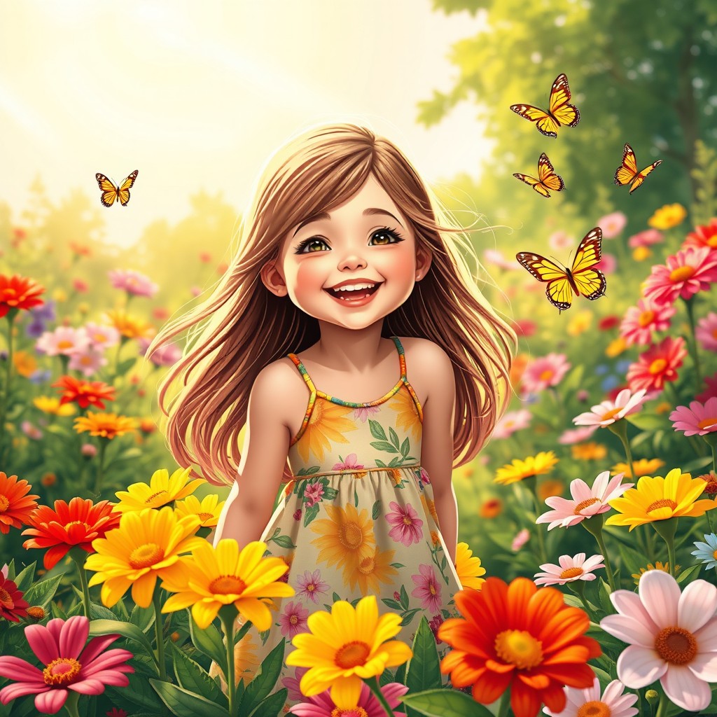 A vibrant and cheerful scene featuring a young girl happily playing in a flower garden
