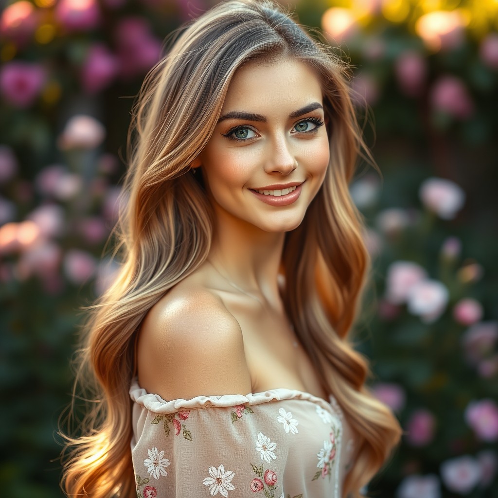 A stunning portrait of a beautiful young woman with long, flowing hair cascading in waves