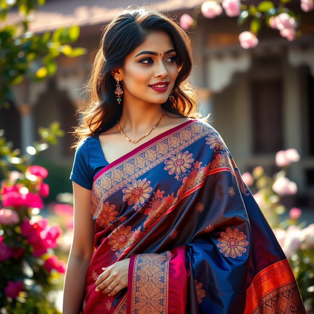 A graceful Indian woman wearing an elegant silk saree, beautifully draped in traditional style