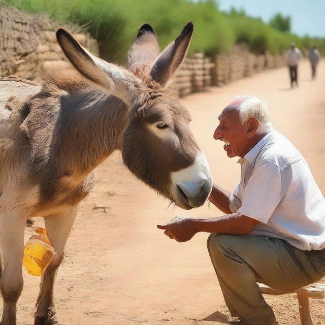 A donkey being offered honey but refusing to eat it, with an elderly man nearby looking at the scene in amazement