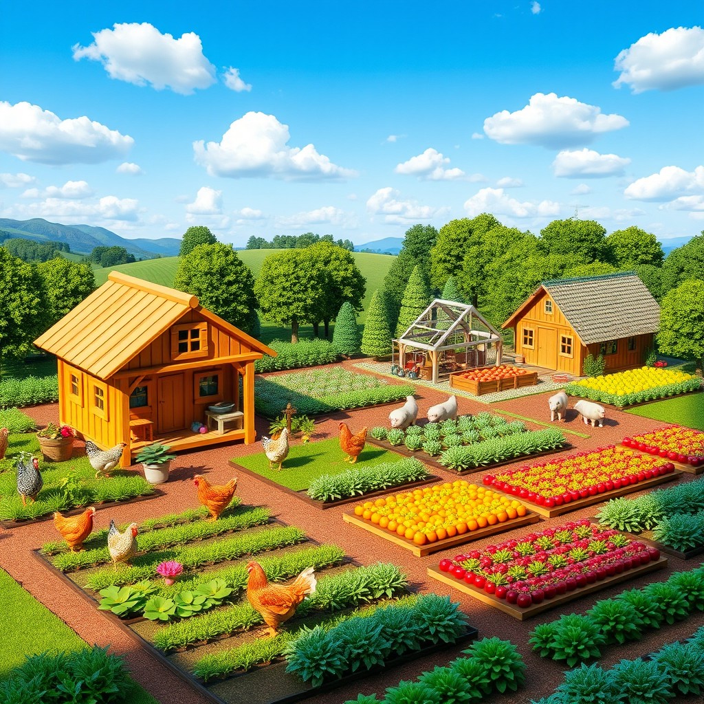 A vibrant and detailed farm layout featuring a ready-to-lay chicken house designed with wooden elements and bright colors, a swine house with traditional barn architecture, spacious plots filled with flourishing crops, and a cozy farmhouse nestled among the greenery