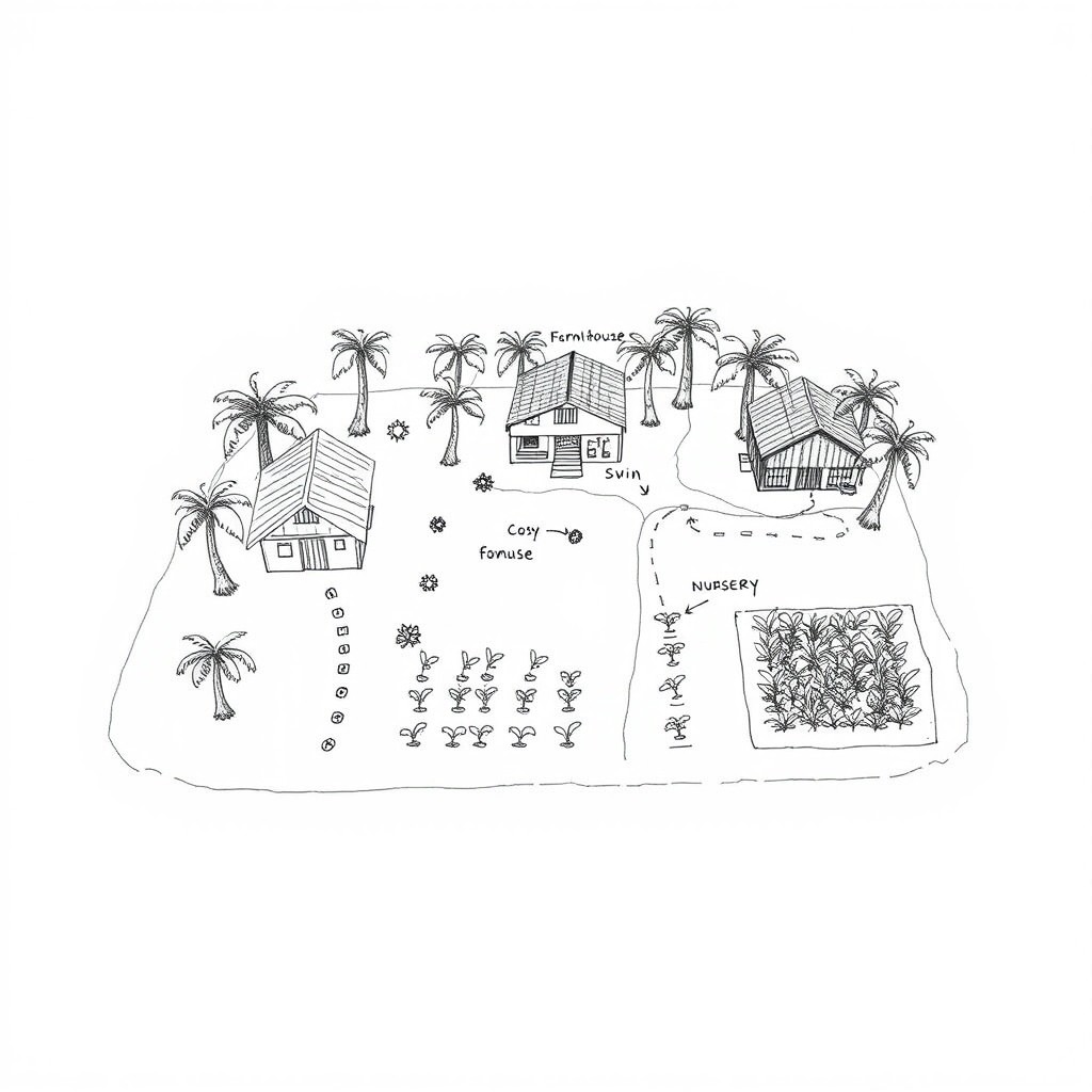 A detailed sketch of a farm layout featuring a ready-to-lay chicken house, a cozy farmhouse, and a swine house