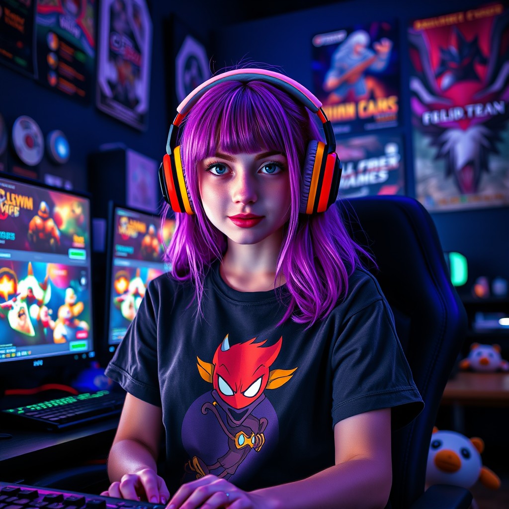 A stylish gamer girl with vibrant purple hair, wearing oversized headphones and a graphic t-shirt featuring a popular video game character
