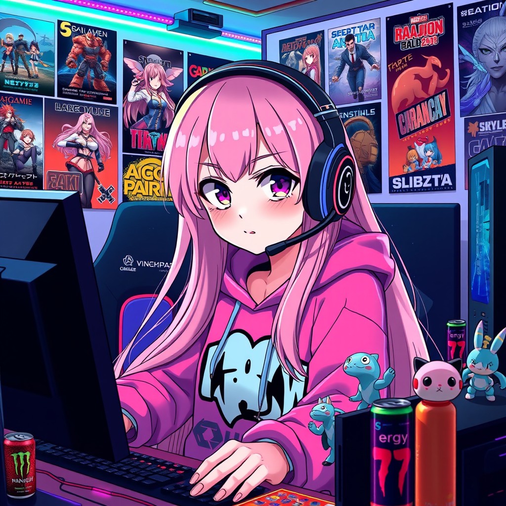 An anime-style gamer girl with large, expressive eyes and long, flowing pink hair
