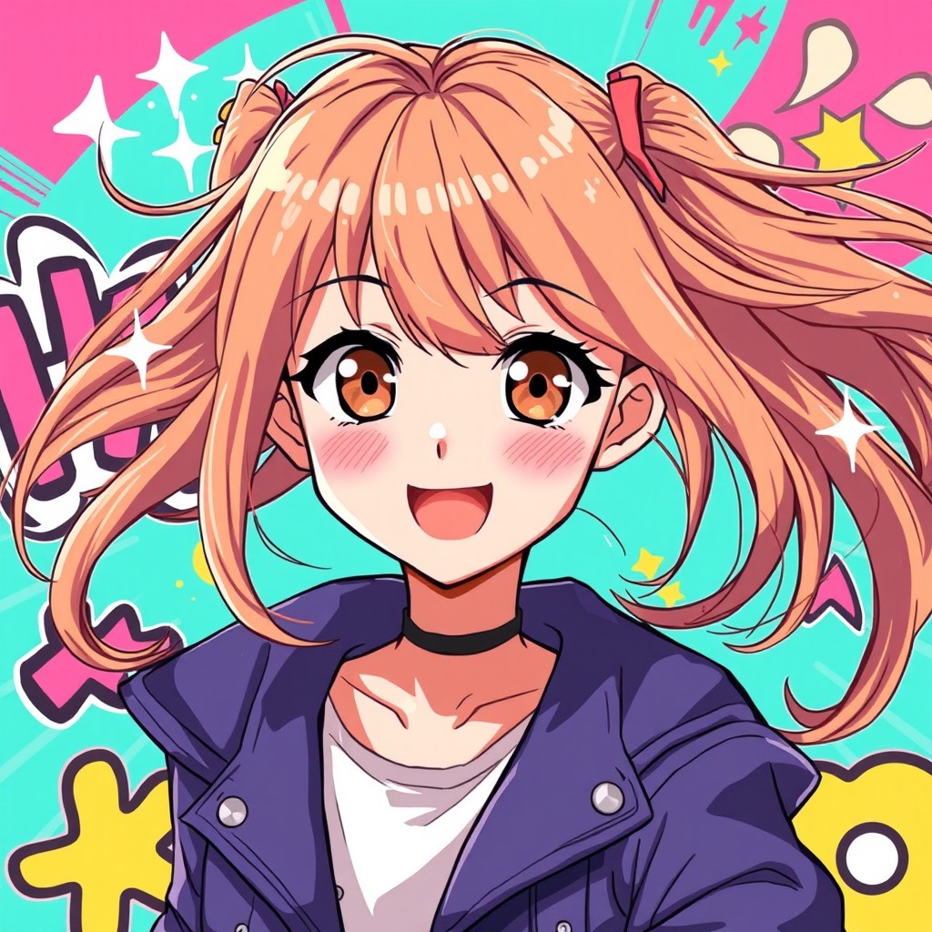 A vibrant and dynamic illustration of a 21-year-old anime girl with striking hazel eyes and flowing light brown hair