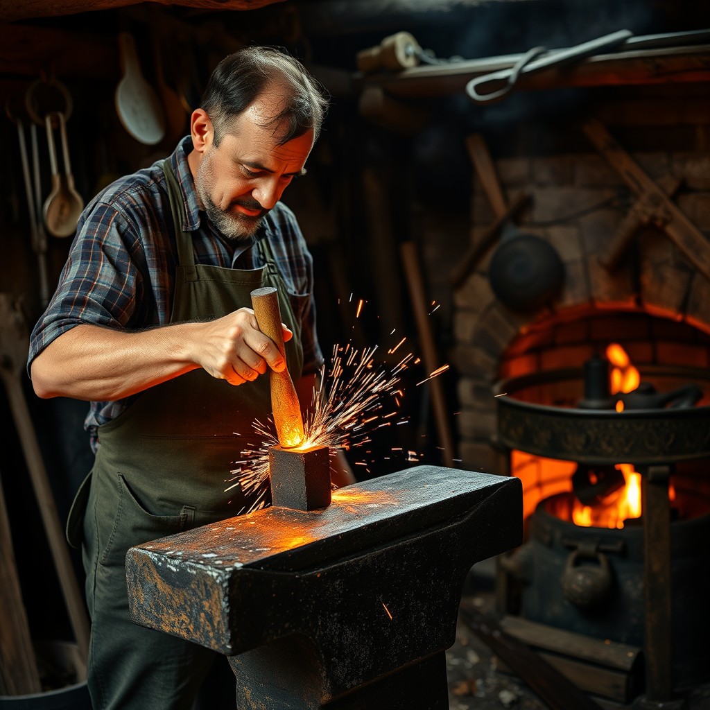 A skilled blacksmith working in a traditional forge, immersed in his craft