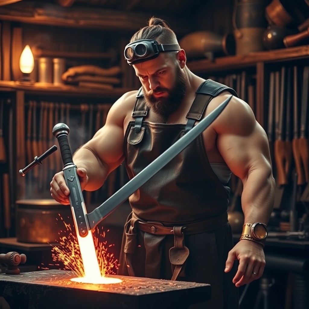 A skilled blacksmith working diligently in a traditional forge, forging a glowing sword from molten steel