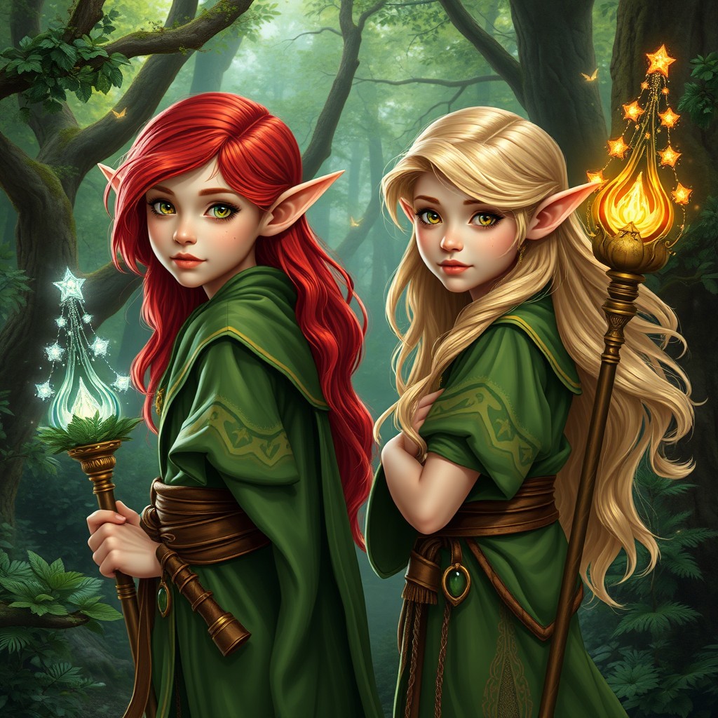 Two twin elves with magical abilities, both forest elves