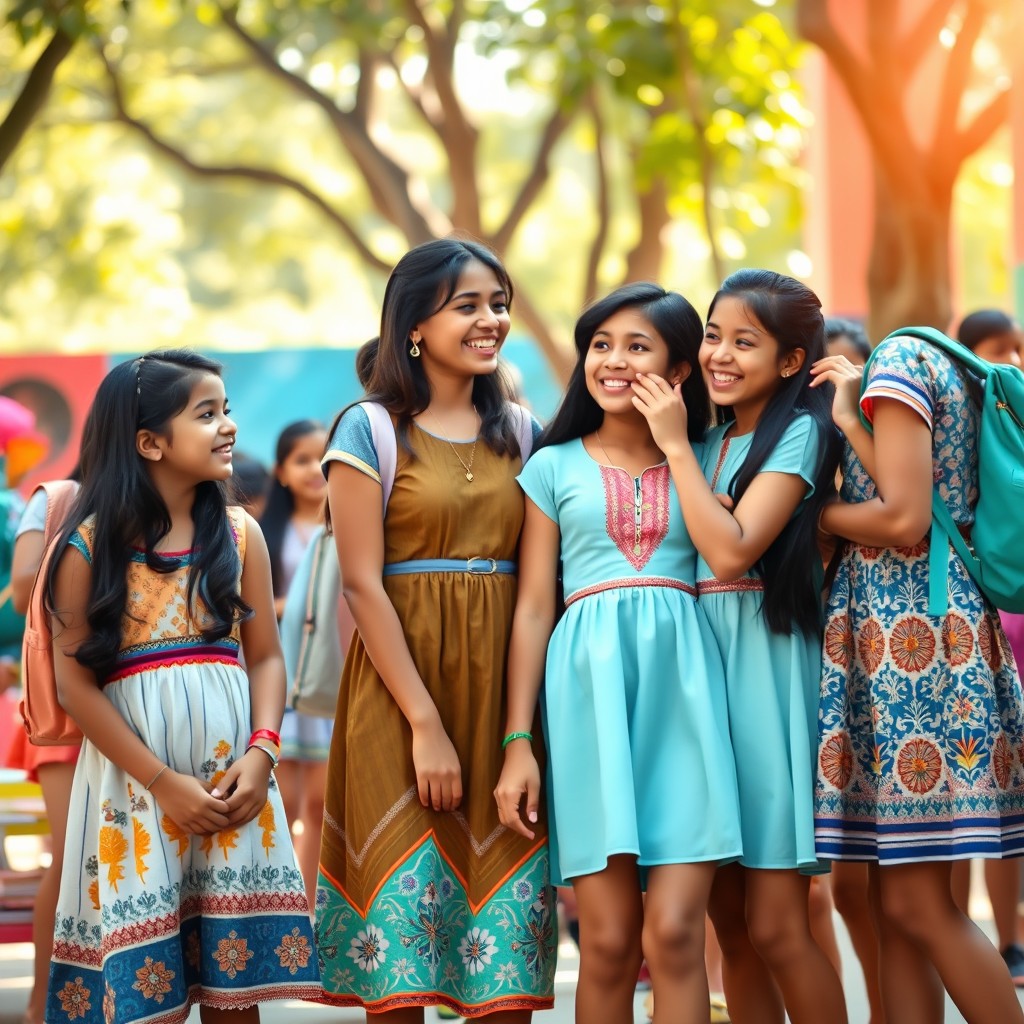 A vibrant scene of Indian school girls wearing short dresses, showcasing contemporary fashion in a school setting