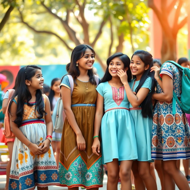 A vibrant scene of Indian school girls wearing short dresses, showcasing contemporary fashion in a school setting