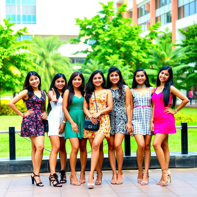 A group of fashionable Indian college girls wearing stylish, sexy short dresses with vibrant colors and trendy designs, posing confidently on a university campus