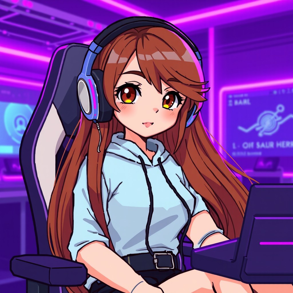 A pixel art character depicting a gamer girl with long flowing brown hair and expressive brown eyes
