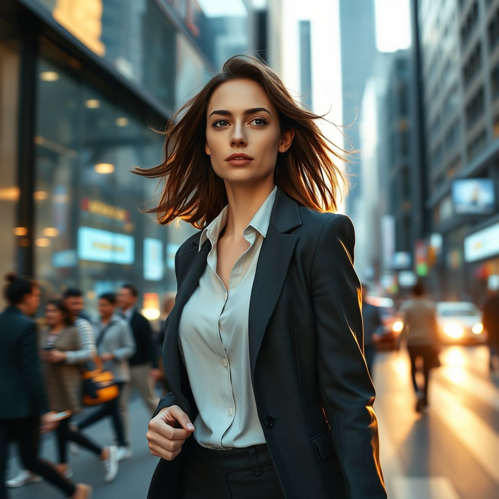 A young Caucasian woman in a well-fitted business casual outfit, confidently walking fast through a bustling city street