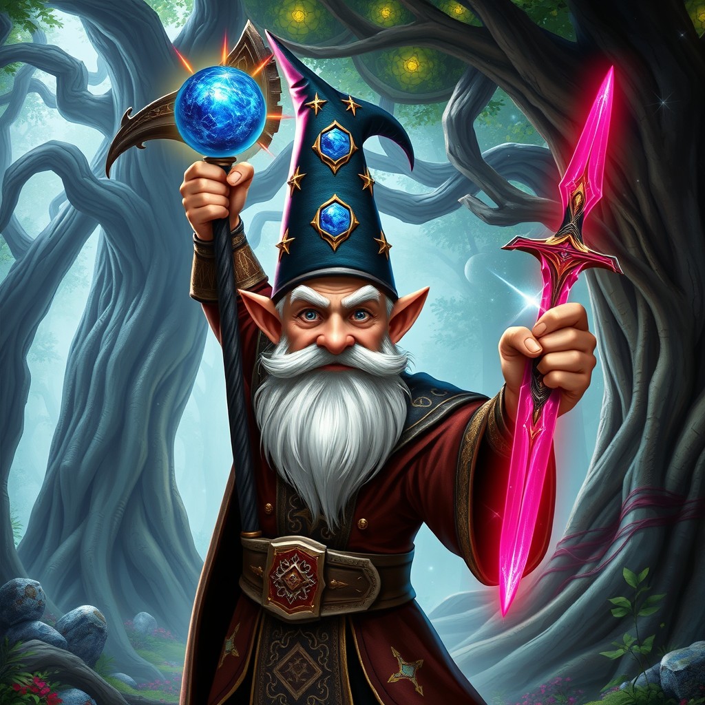 A lean, handsome, middle-aged gnome warlock standing confidently in an enchanted forest, holding a magical mace topped with a brilliant sapphire sphere high above his head