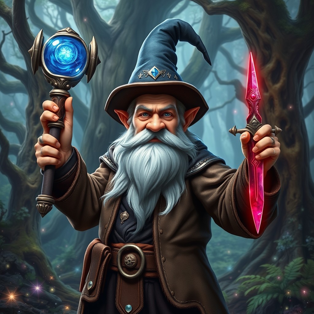 A lean, scrappy, handsome middle-aged gnome warlock standing bravely in an enchanted forest