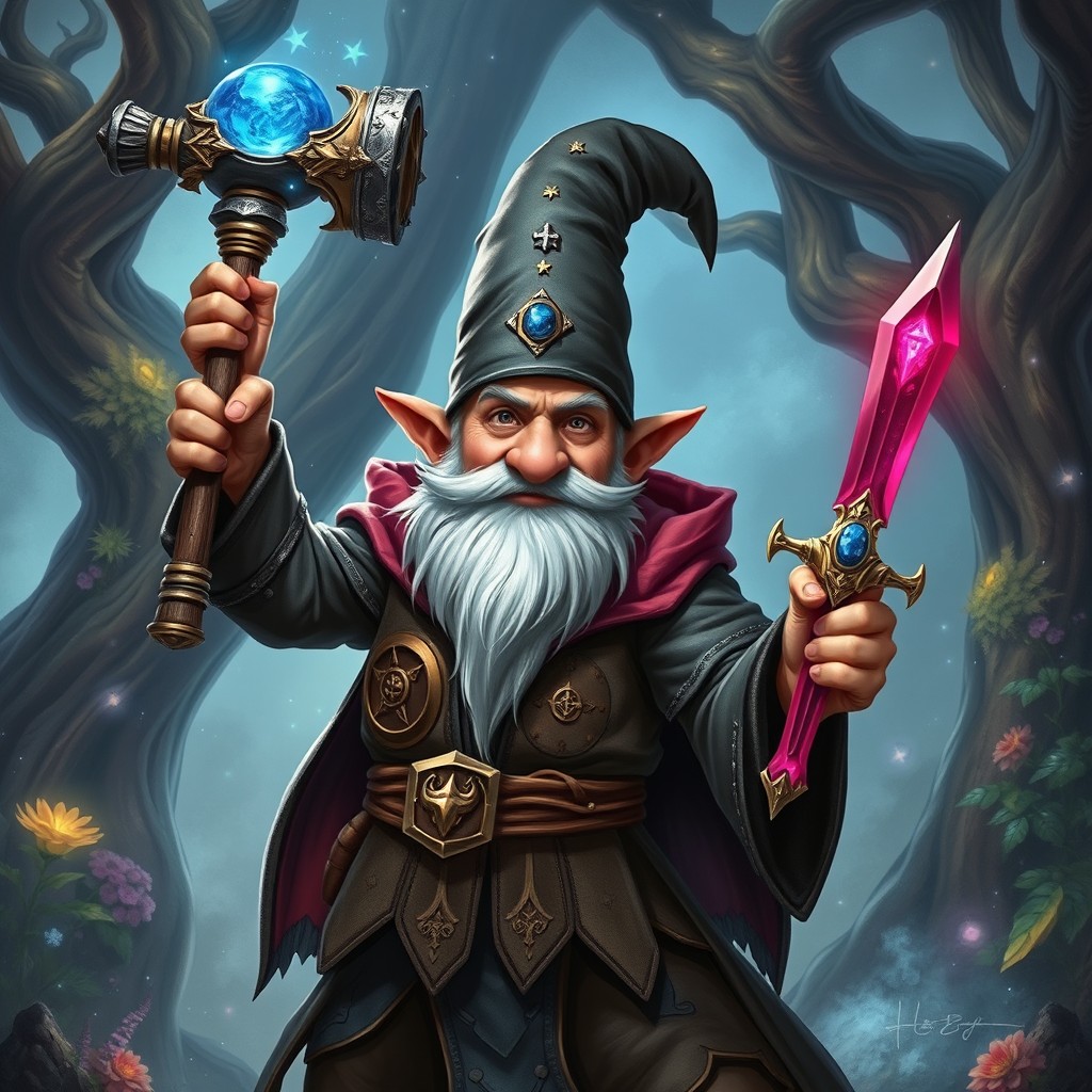 A lean, scrappy, handsome middle-aged gnome warlock standing assertively in a fantastical environment, holding a magical mace topped with a striking sapphire sphere high above his head, exuding confidence and power
