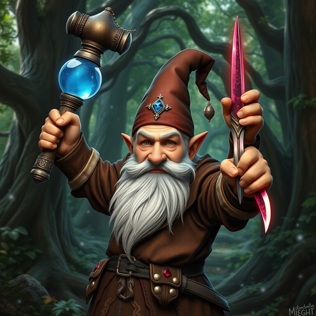 A lean, scrappy, handsome middle-aged gnome warlock striking an assertive pose in an enchanting forest setting