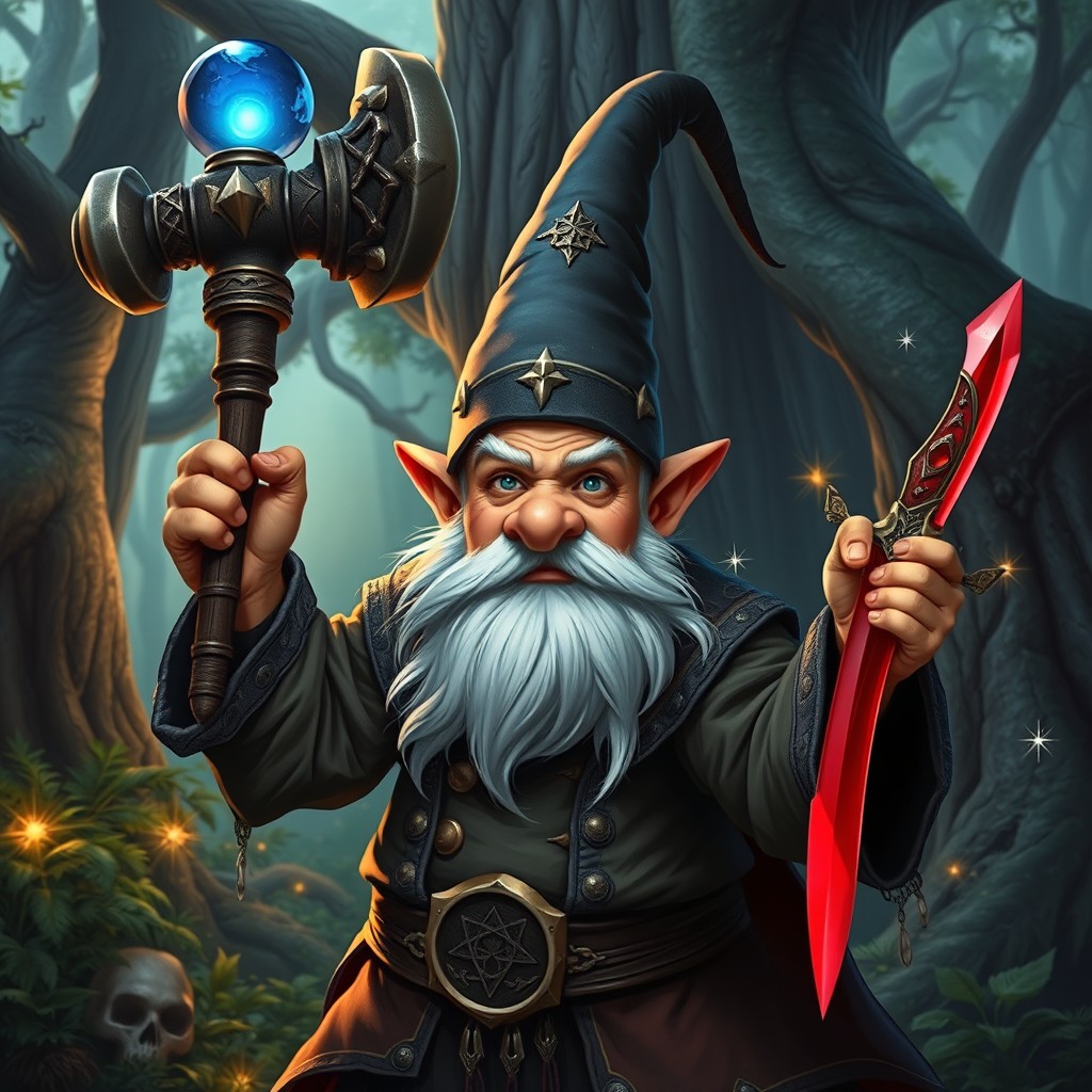 A lean, scrappy, handsome middle-aged gnome warlock poised heroically in a magical forest setting