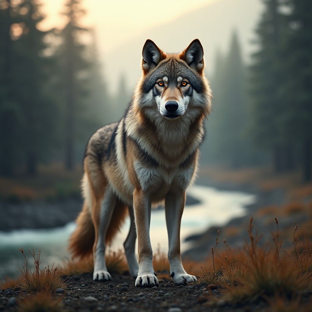 A stunning, raw photograph of a majestic wolf standing proudly in a natural setting, showcasing its thick fur, piercing eyes, and strong build