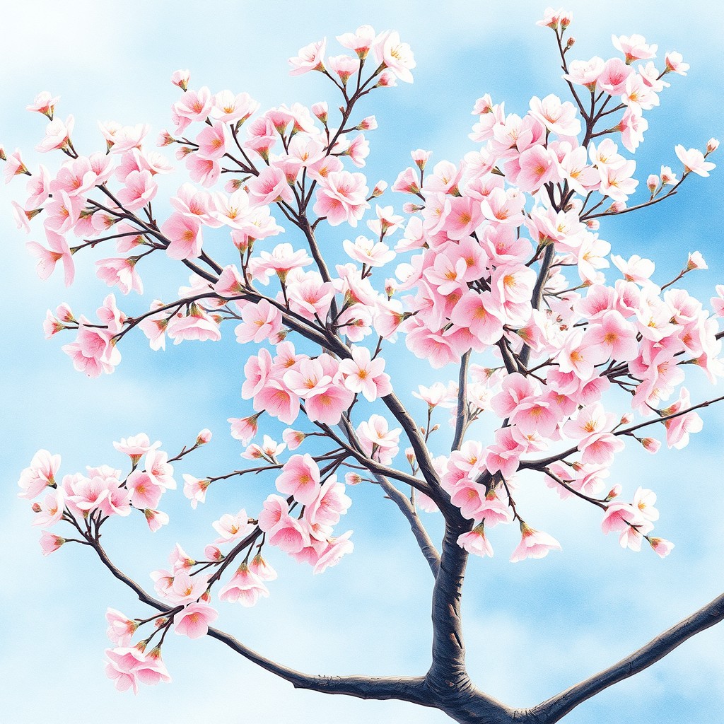 A stunning watercolor painting of a cherry blossom tree in full bloom, showcasing delicate pink and white blossoms against a soft blue sky