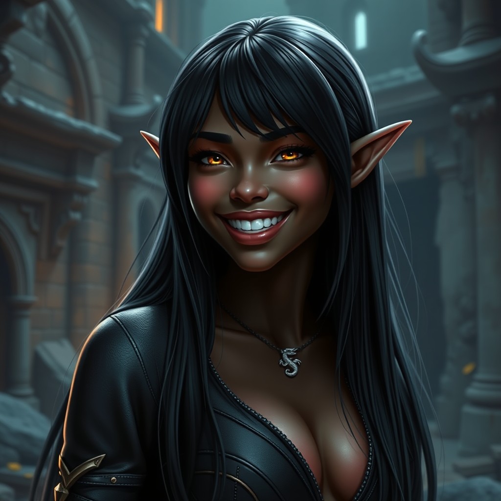 A beautiful female dark skin elf with ash-dark skin, featuring short human ears and a tall, elegant figure