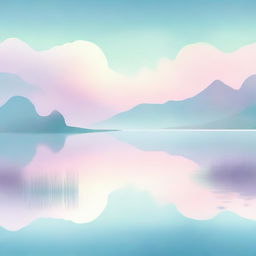 A serene lake scene depicted in an abstract, surreal style with light pastel colors crafting a peaceful, dreamlike atmosphere