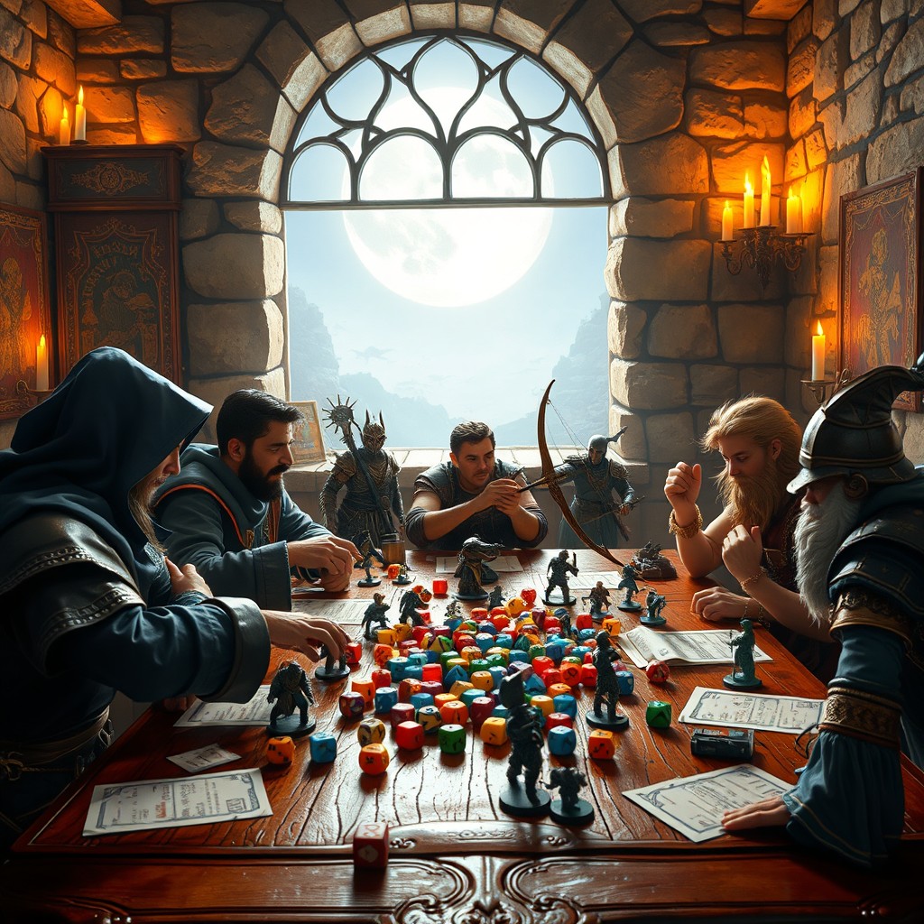 A dynamic tabletop scene of a Dungeons & Dragons game, featuring a diverse group of adventurers around a richly decorated wooden table