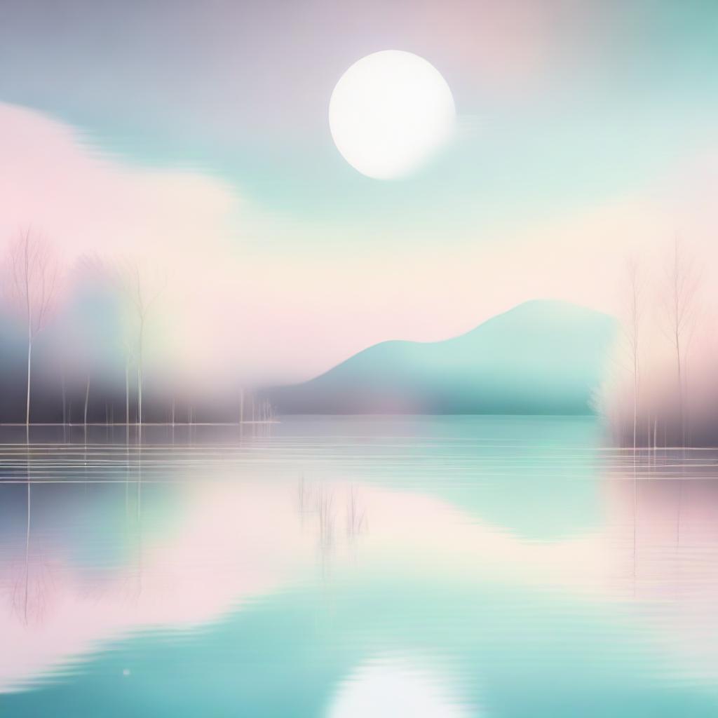 A serene lake scene depicted in an abstract, surreal style with light pastel colors crafting a peaceful, dreamlike atmosphere