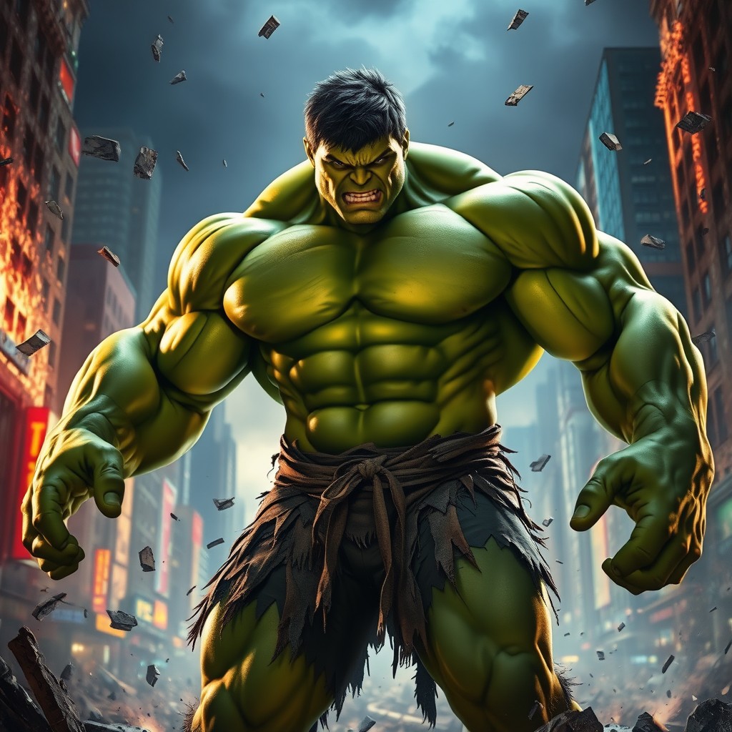 A powerful, green-skinned giant standing in a dramatic pose, showcasing incredible muscle mass and strength, inspired by the Hulk character, dressed in a tattered outfit that emphasizes his muscular physique