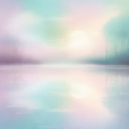 A serene lake scene depicted in an abstract, surreal style with light pastel colors crafting a peaceful, dreamlike atmosphere